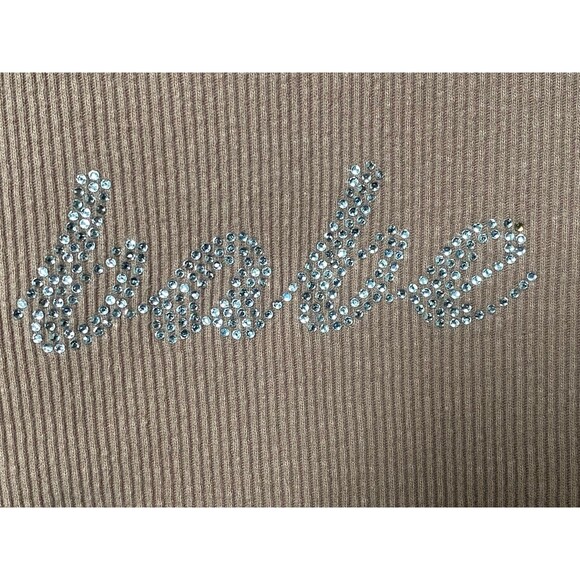 Light Brown Cropped Baby Tee Lettuce Trim Rhinestone Babe Size L Ribbed Y2K - Picture 10 of 12